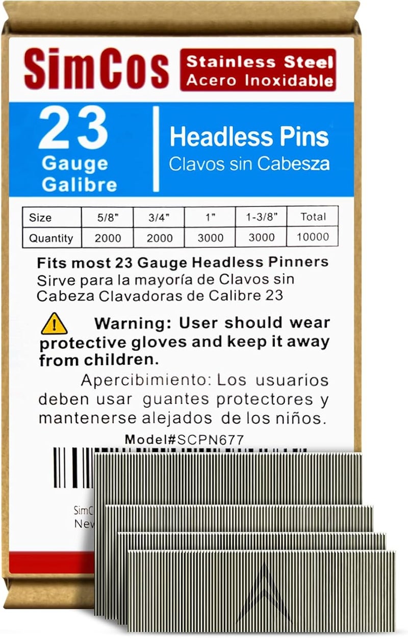 SimCos 23 Gauge Stainless Steel Pinner Nails (5/8",3/4",1",1-3/8") assorted 4 sizes' Headless Pin Nails for Molding Cabinetry Building Assembly (10000) - Image 1